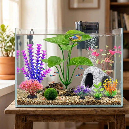 9 Pack Fish Tank Decorations Aquarium Cave Rock, Plastic Plants, Moss Ball | All-in-One Aquarium Decorations Starter Kit, for Resting, Hide &Play, Fits Beta, Goldfish, Cichlid, Small Fish Bowl Decor
