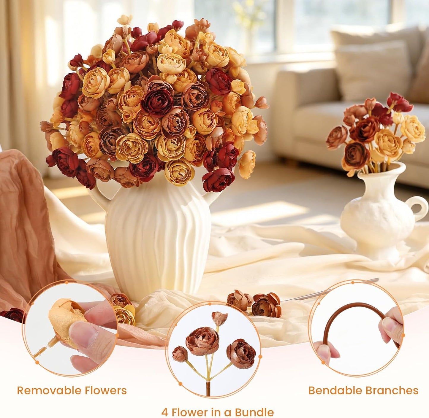 30Pcs Ranunculus Artificial Flowers Faux Silk Mini Flowers Indoor | Spring Peony Flowers for Vase & DIY Bouquets, Bulk Fake Wedding Filler Flowers for Bride Shower Decorations, Shabby Blush