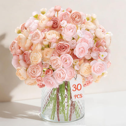 30Pcs Ranunculus Artificial Flowers Faux Silk Mini Flowers Indoor | Spring Peony Flowers for Vase & DIY Bouquets, Bulk Fake Wedding Filler Flowers for Bride Shower Decorations, Shabby Blush