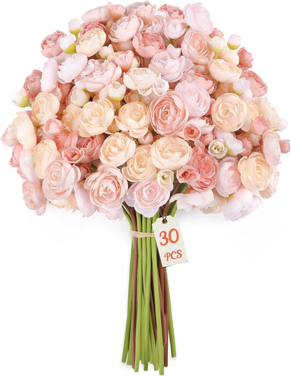30Pcs Ranunculus Artificial Flowers Faux Silk Mini Flowers Indoor | Spring Peony Flowers for Vase & DIY Bouquets, Bulk Fake Wedding Filler Flowers for Bride Shower Decorations, Shabby Blush