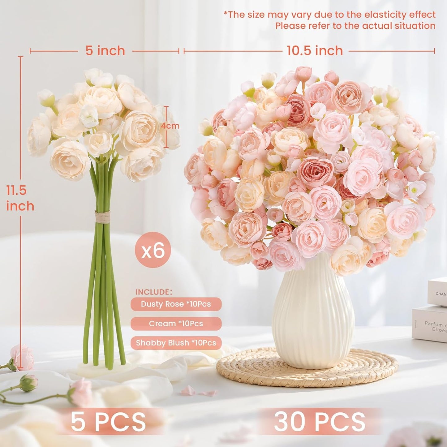 30Pcs Ranunculus Artificial Flowers Faux Silk Mini Flowers Indoor | Spring Peony Flowers for Vase & DIY Bouquets, Bulk Fake Wedding Filler Flowers for Bride Shower Decorations, Shabby Blush