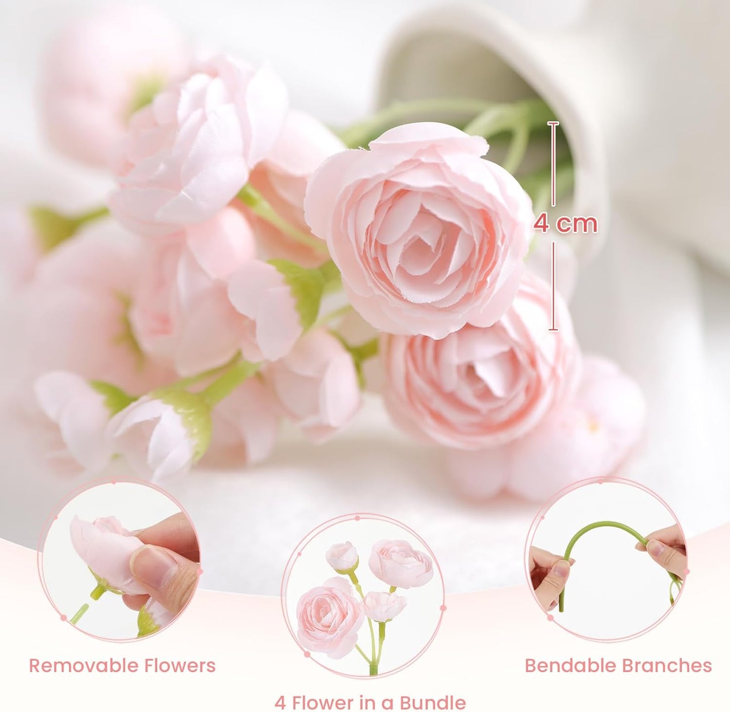 30Pcs Ranunculus Artificial Flowers Faux Silk Mini Flowers Indoor | Spring Peony Flowers for Vase & DIY Bouquets, Bulk Fake Wedding Filler Flowers for Bride Shower Decorations, Shabby Blush
