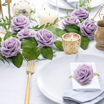 50Pcs Rose Artificial Flowers, lavender Fake Roses for Decorations, Light Purple Foam Fake Flowers with Stems DIY Wedding Bouquet Bridal Shower Centerpieces Floral Arrangement Party Home Decor
