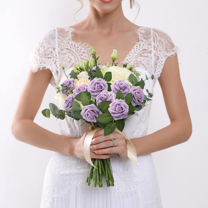 50Pcs Rose Artificial Flowers, lavender Fake Roses for Decorations, Light Purple Foam Fake Flowers with Stems DIY Wedding Bouquet Bridal Shower Centerpieces Floral Arrangement Party Home Decor