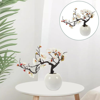 Artificial Plum Potted Plant Fake Potted Bonsai Plum Blossom Flowers Artificial Decorative Bonsai Tree Artificial Flowers Faux Potted Flower Peach Statuette Cloth