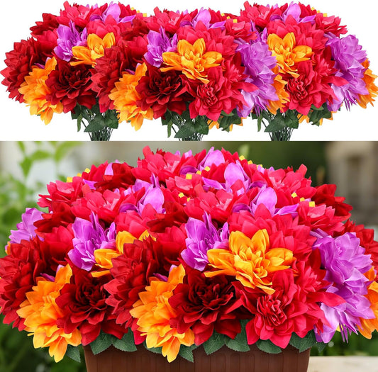 6pcs Spring Flora Dahlia Artificial Flowers for Outside 42 Heads Silk Dahlias Outdoor Indoor Decorations for DIY Bouquets Centerpiece Garden Window Box, Mixed color(Red, Rose Red, Purple, Orange)