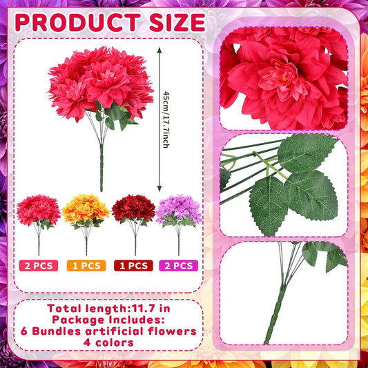 6pcs Spring Flora Dahlia Artificial Flowers for Outside 42 Heads Silk Dahlias Outdoor Indoor Decorations for DIY Bouquets Centerpiece Garden Window Box, Mixed color(Red, Rose Red, Purple, Orange)