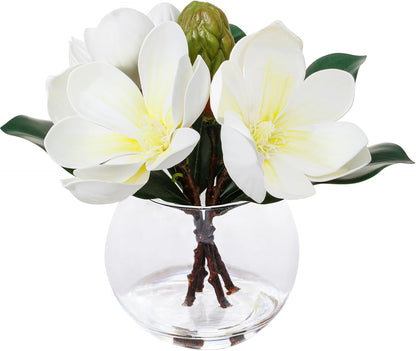 White Magnolia Artificial Flowers with Vase Fake Magnolia Flowers Indoor Real Touch Flowers with Faux Water for Home Decor Centerpieces for Tables