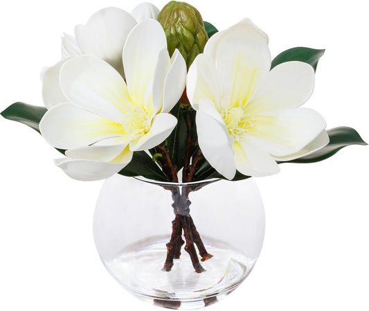 White Magnolia Artificial Flowers with Vase Fake Magnolia Flowers Indoor Real Touch Flowers with Faux Water for Home Decor Centerpieces for Tables