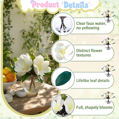 White Magnolia Artificial Flowers with Vase Fake Magnolia Flowers Indoor Real Touch Flowers with Faux Water for Home Decor Centerpieces for Tables