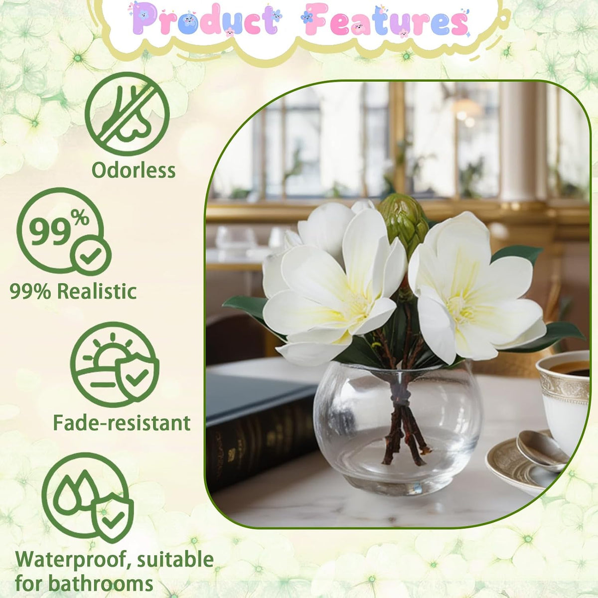 White Magnolia Artificial Flowers with Vase Fake Magnolia Flowers Indoor Real Touch Flowers with Faux Water for Home Decor Centerpieces for Tables