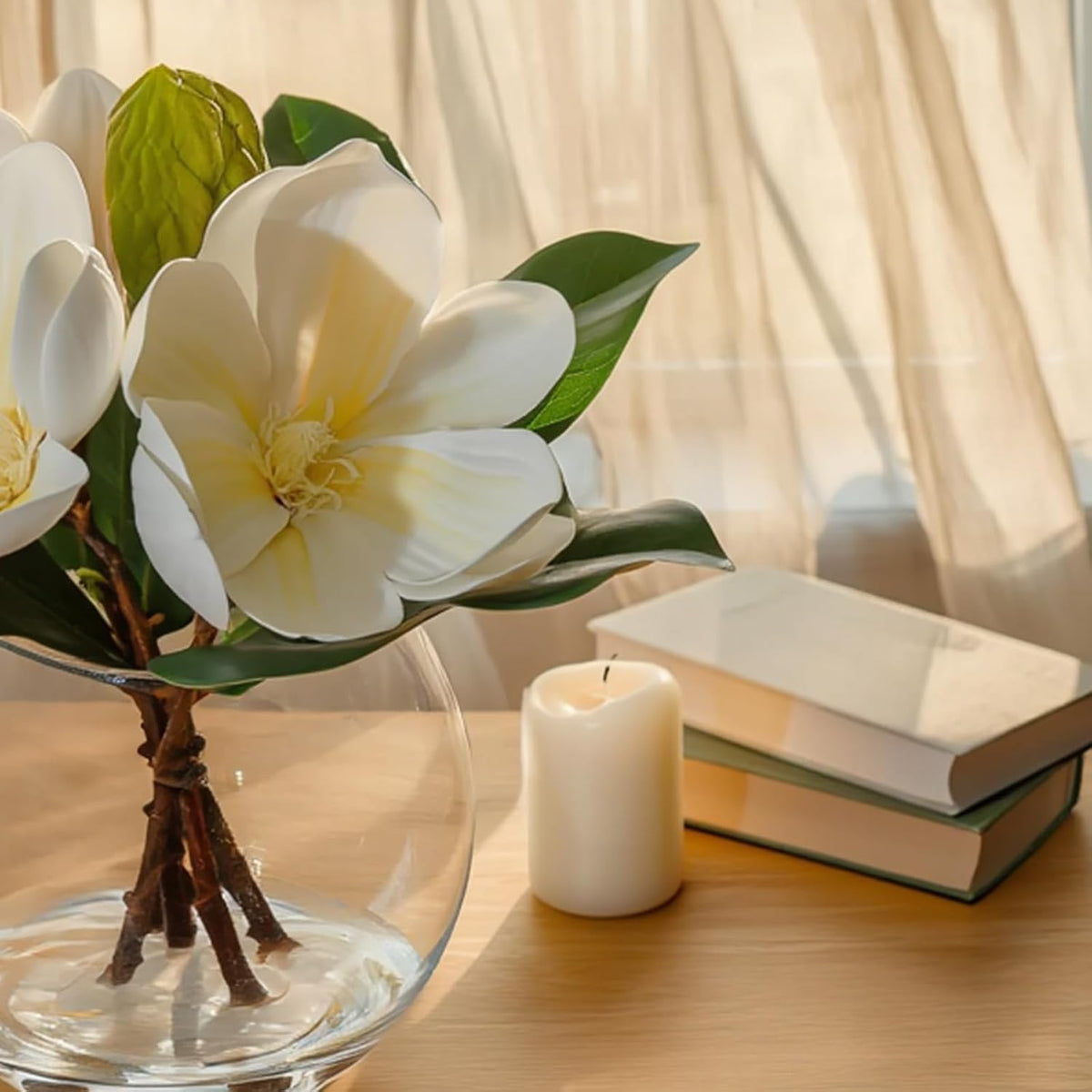 White Magnolia Artificial Flowers with Vase Fake Magnolia Flowers Indoor Real Touch Flowers with Faux Water for Home Decor Centerpieces for Tables