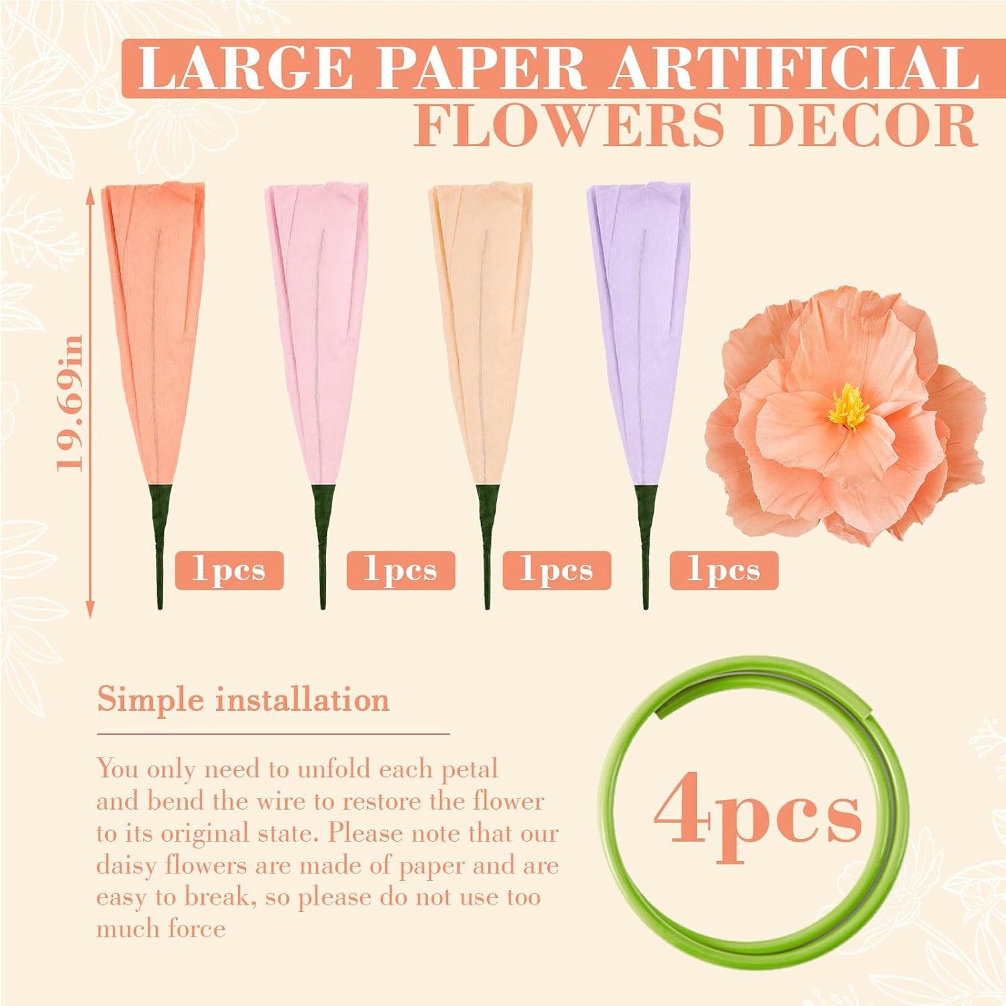 4 Pcs 5ft Large Paper Red Poppy Flowers Giant Artificial Poppies Standing Huge Handcrafted Poppy Flowers Wicked Party Decoration for Valentine Garden Hotel Office Wicked Birthday Party Wedding