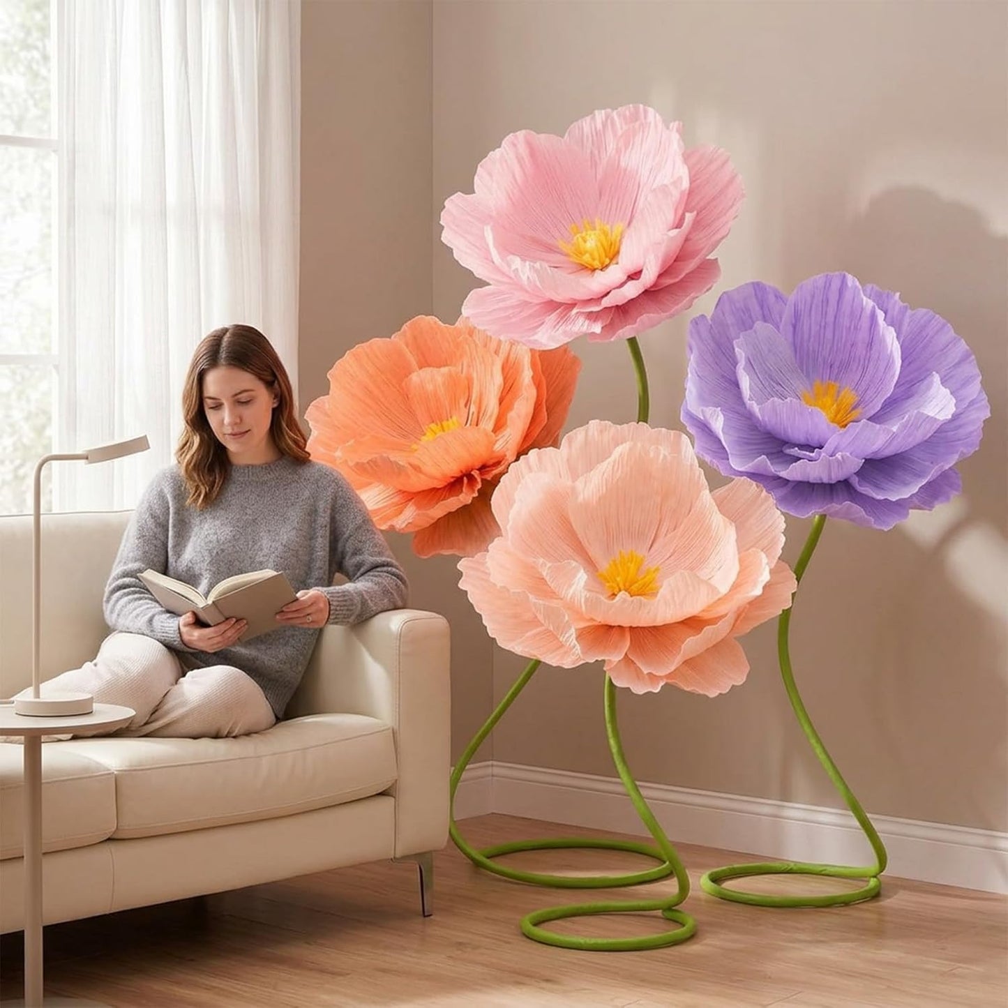 4 Pcs 5ft Large Paper Red Poppy Flowers Giant Artificial Poppies Standing Huge Handcrafted Poppy Flowers Wicked Party Decoration for Valentine Garden Hotel Office Wicked Birthday Party Wedding