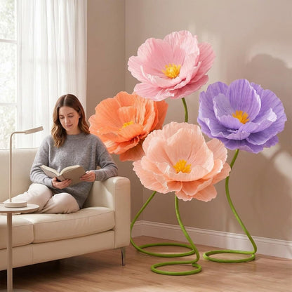 4 Pcs 5ft Large Paper Red Poppy Flowers Giant Artificial Poppies Standing Huge Handcrafted Poppy Flowers Wicked Party Decoration for Valentine Garden Hotel Office Wicked Birthday Party Wedding