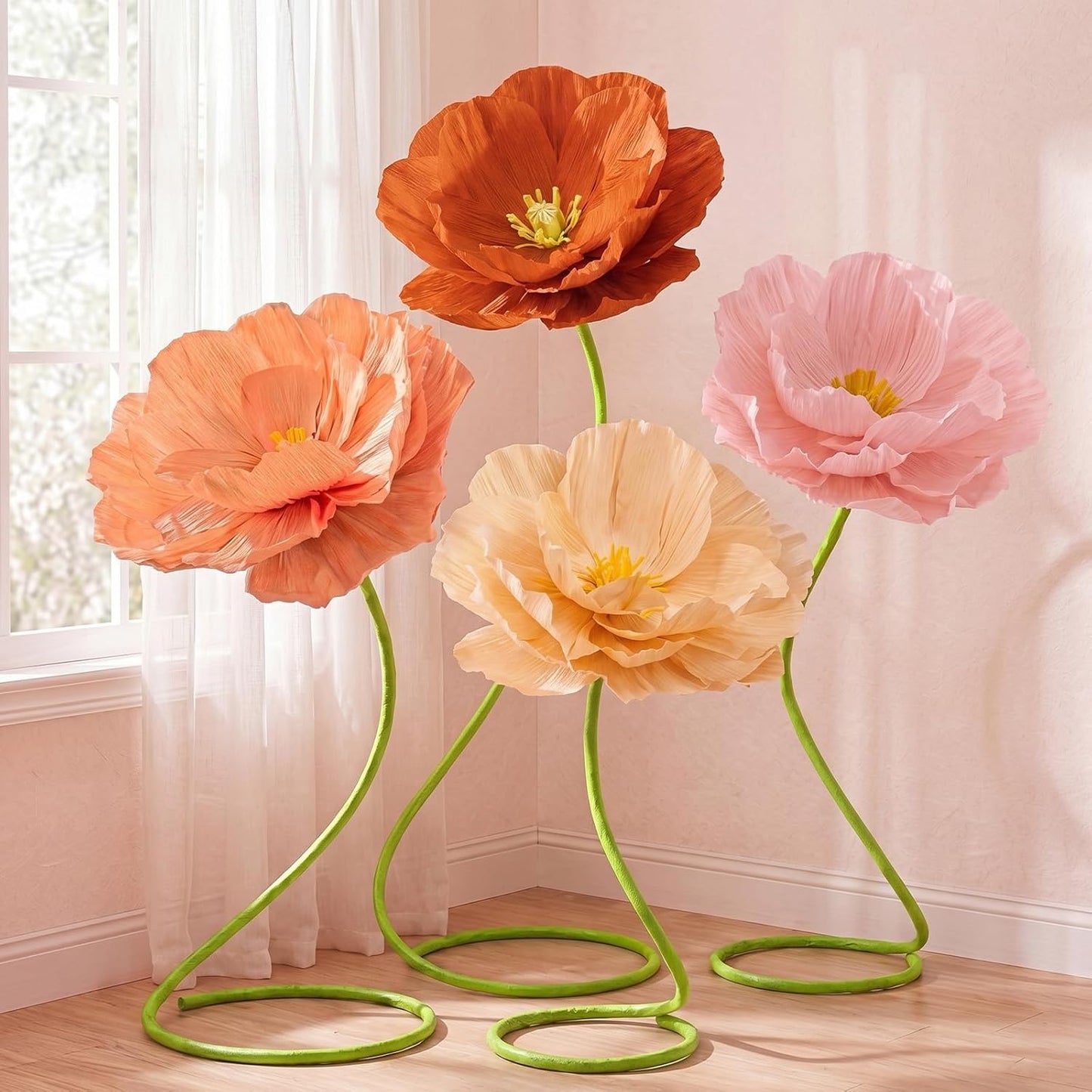 4 Pcs 5ft Large Paper Red Poppy Flowers Giant Artificial Poppies Standing Huge Handcrafted Poppy Flowers Wicked Party Decoration for Valentine Garden Hotel Office Wicked Birthday Party Wedding