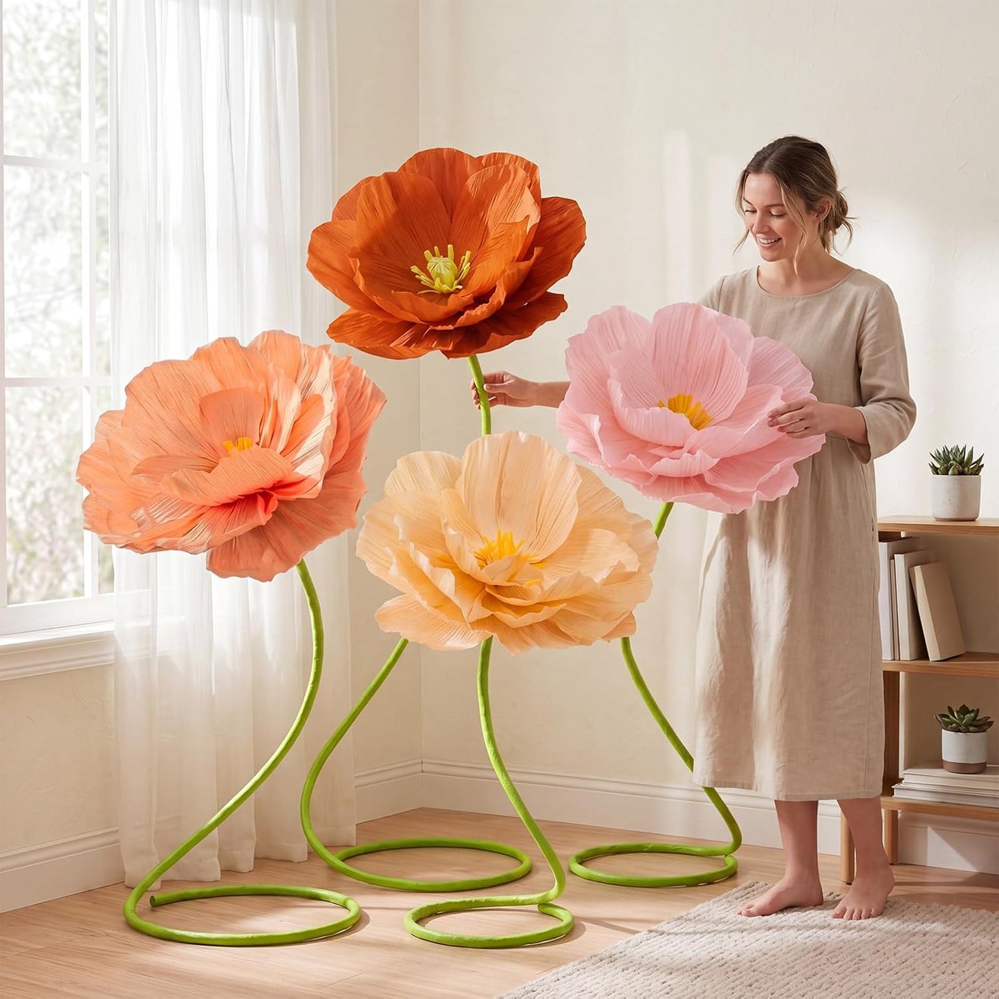 4 Pcs 5ft Large Paper Red Poppy Flowers Giant Artificial Poppies Standing Huge Handcrafted Poppy Flowers Wicked Party Decoration for Valentine Garden Hotel Office Wicked Birthday Party Wedding