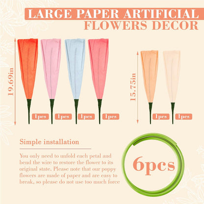 4 Pcs 5ft Large Paper Red Poppy Flowers Giant Artificial Poppies Standing Huge Handcrafted Poppy Flowers Wicked Party Decoration for Valentine Garden Hotel Office Wicked Birthday Party Wedding