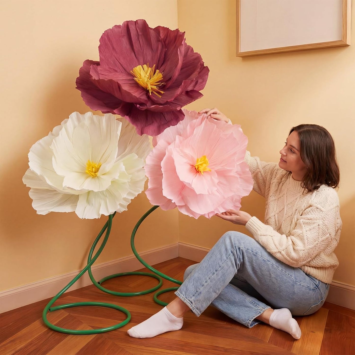 4 Pcs 5ft Large Paper Red Poppy Flowers Giant Artificial Poppies Standing Huge Handcrafted Poppy Flowers Wicked Party Decoration for Valentine Garden Hotel Office Wicked Birthday Party Wedding