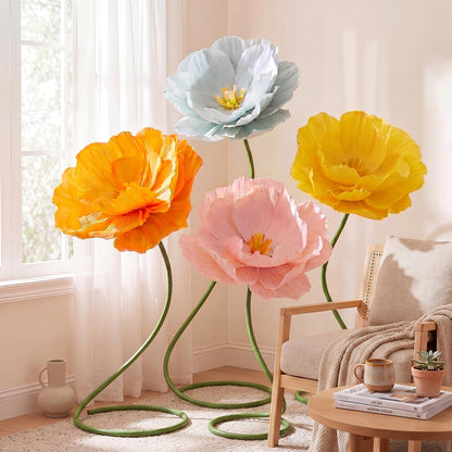 4 Pcs 5ft Large Paper Red Poppy Flowers Giant Artificial Poppies Standing Huge Handcrafted Poppy Flowers Wicked Party Decoration for Valentine Garden Hotel Office Wicked Birthday Party Wedding