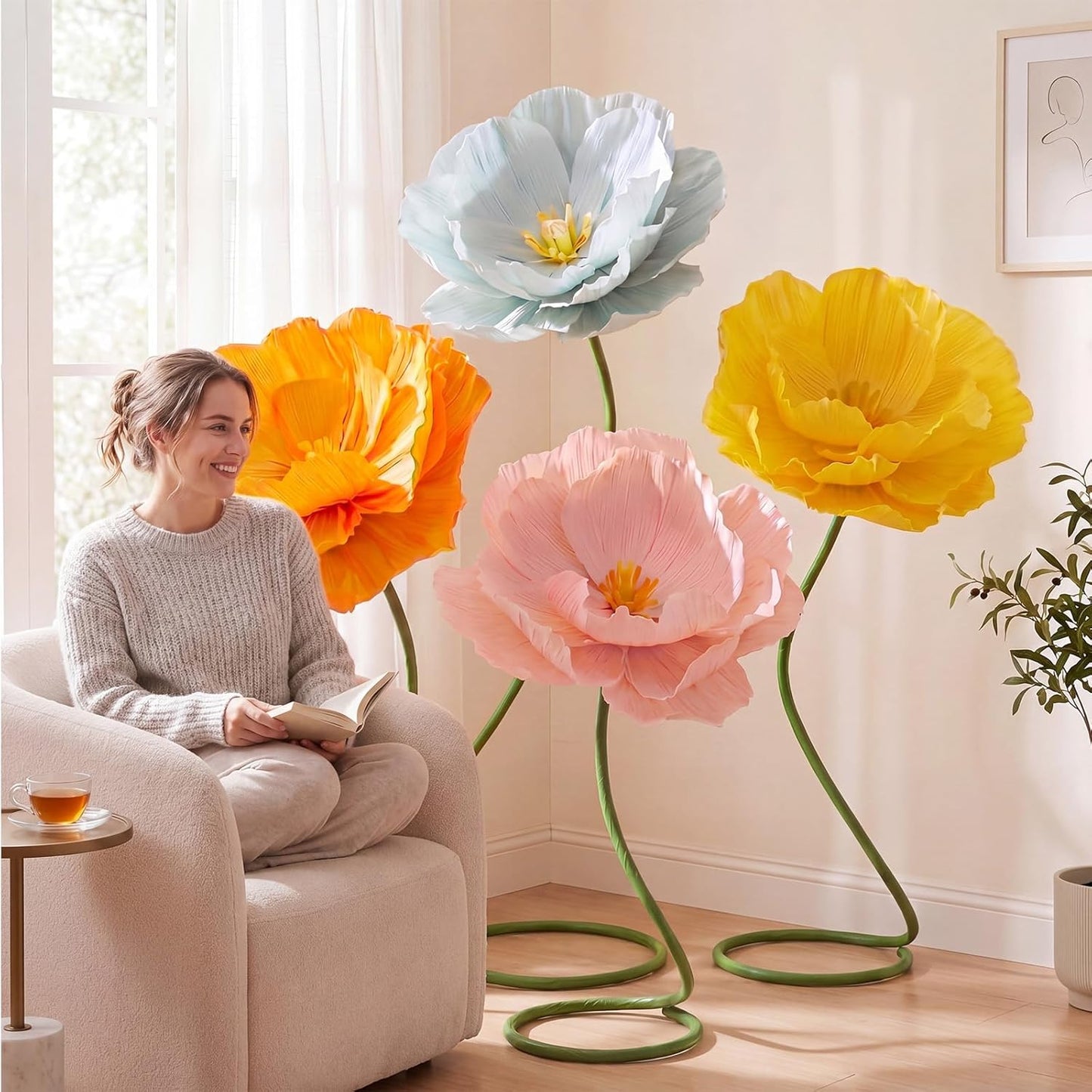 4 Pcs 5ft Large Paper Red Poppy Flowers Giant Artificial Poppies Standing Huge Handcrafted Poppy Flowers Wicked Party Decoration for Valentine Garden Hotel Office Wicked Birthday Party Wedding