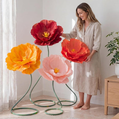 4 Pcs 5ft Large Paper Red Poppy Flowers Giant Artificial Poppies Standing Huge Handcrafted Poppy Flowers Wicked Party Decoration for Valentine Garden Hotel Office Wicked Birthday Party Wedding