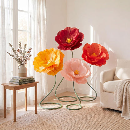 4 Pcs 5ft Large Paper Red Poppy Flowers Giant Artificial Poppies Standing Huge Handcrafted Poppy Flowers Wicked Party Decoration for Valentine Garden Hotel Office Wicked Birthday Party Wedding