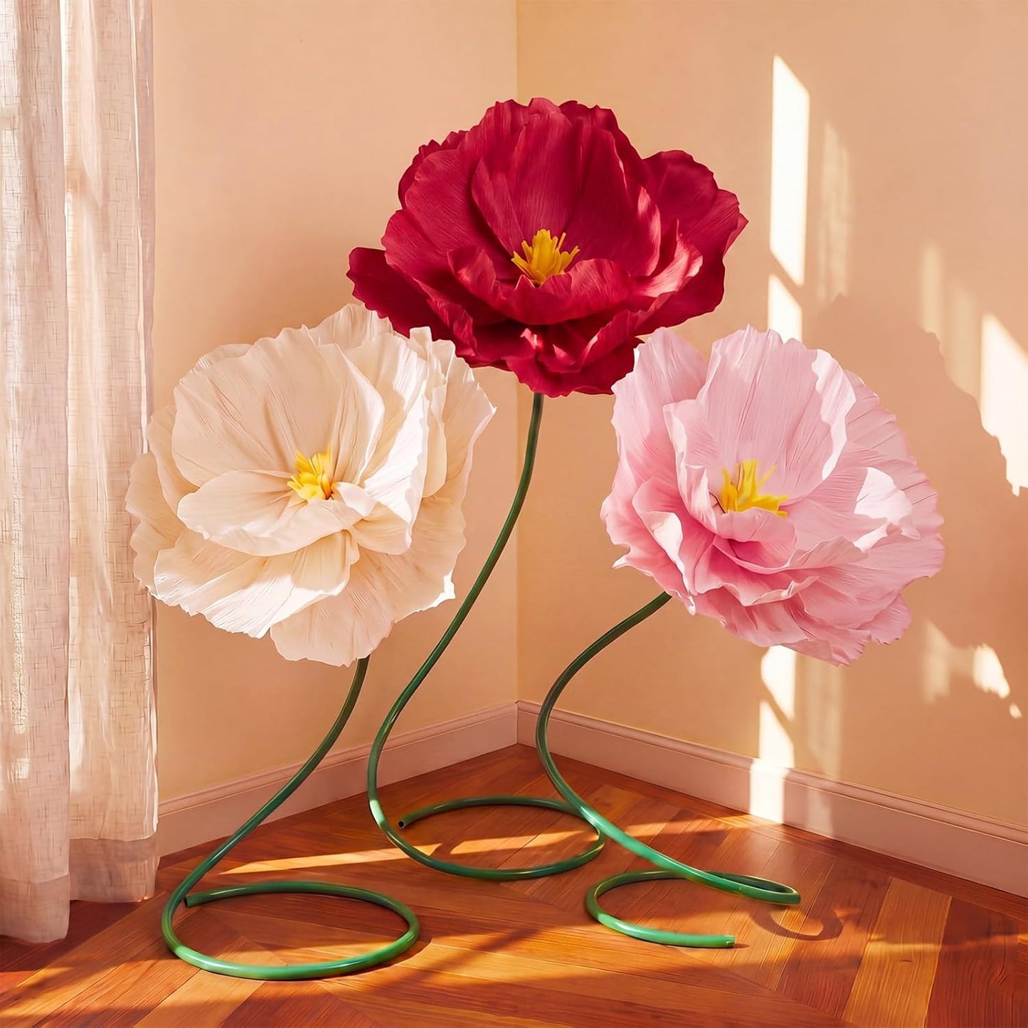 4 Pcs 5ft Large Paper Red Poppy Flowers Giant Artificial Poppies Standing Huge Handcrafted Poppy Flowers Wicked Party Decoration for Valentine Garden Hotel Office Wicked Birthday Party Wedding