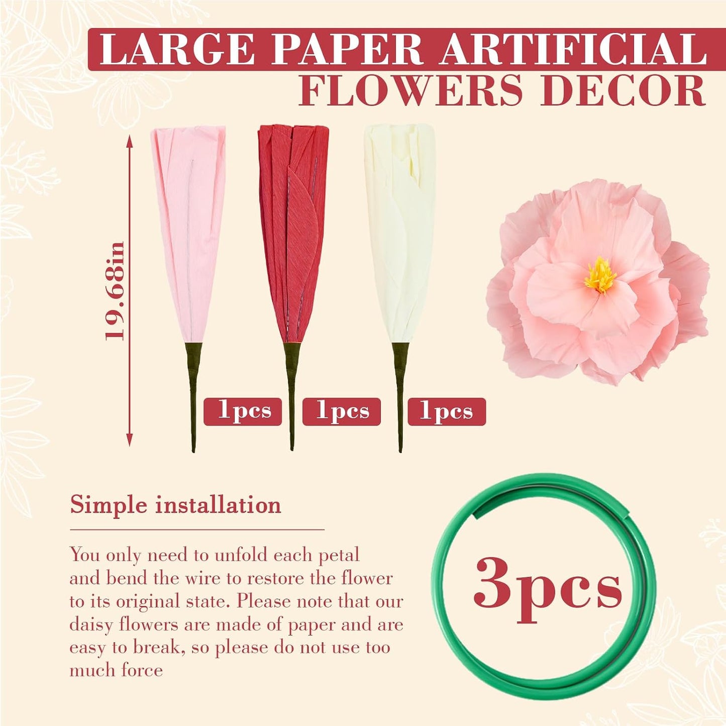 4 Pcs 5ft Large Paper Red Poppy Flowers Giant Artificial Poppies Standing Huge Handcrafted Poppy Flowers Wicked Party Decoration for Valentine Garden Hotel Office Wicked Birthday Party Wedding