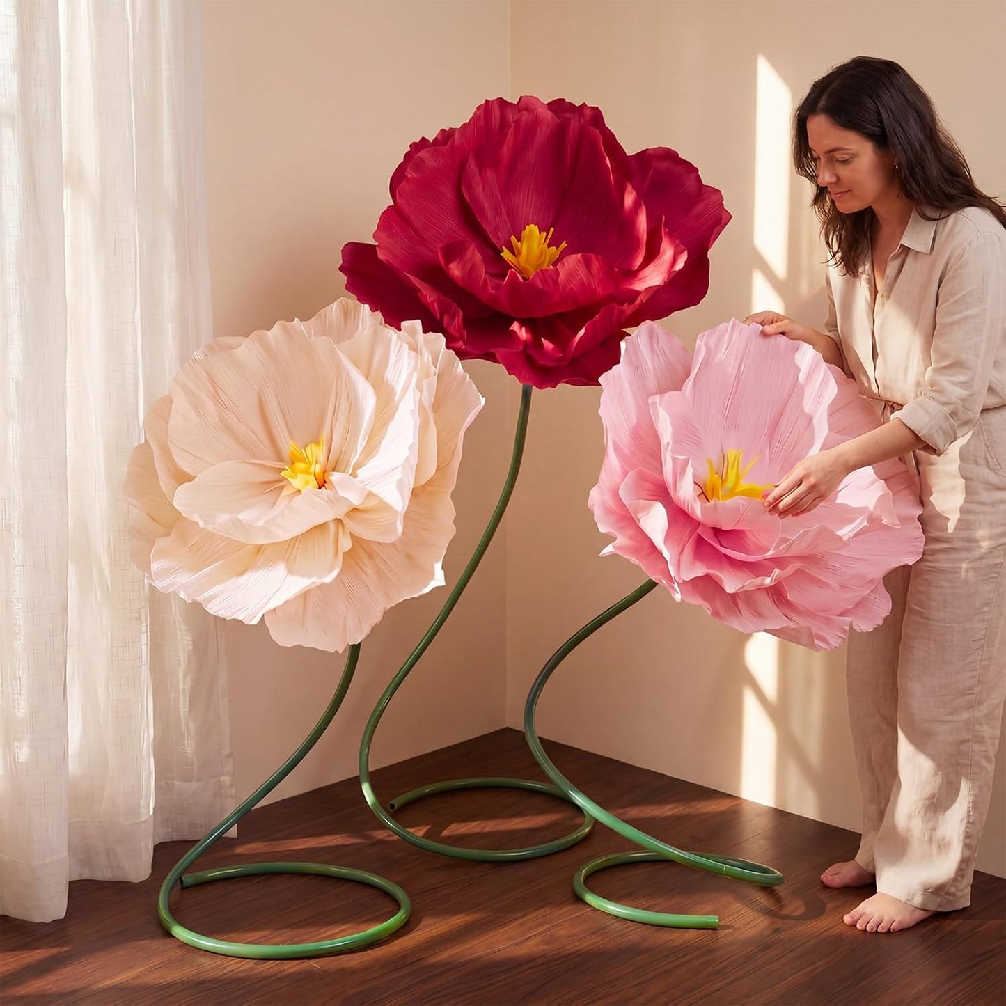 4 Pcs 5ft Large Paper Red Poppy Flowers Giant Artificial Poppies Standing Huge Handcrafted Poppy Flowers Wicked Party Decoration for Valentine Garden Hotel Office Wicked Birthday Party Wedding