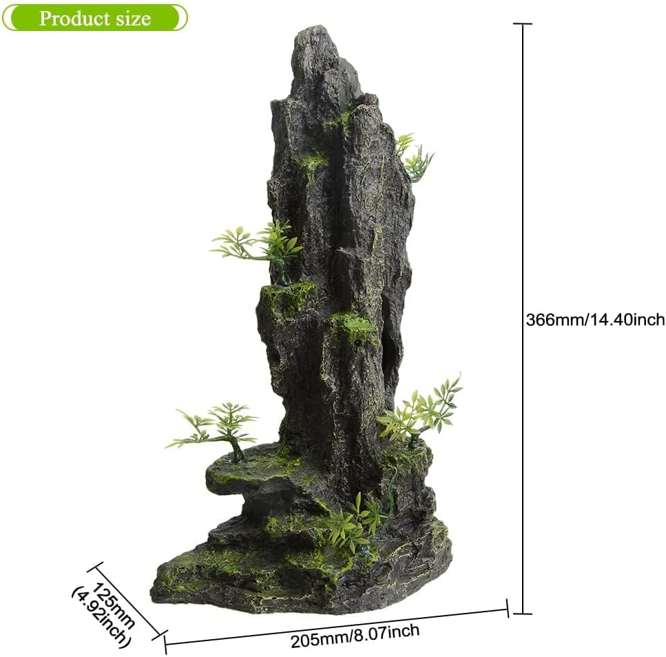 Aquarium Decorations Large and Tall Mountain View Stone Betta Hideout Fish Tank Accessories Decor Cute Tree Rock Cave Landscape for Turtles, Fish to Play, 14.4inch