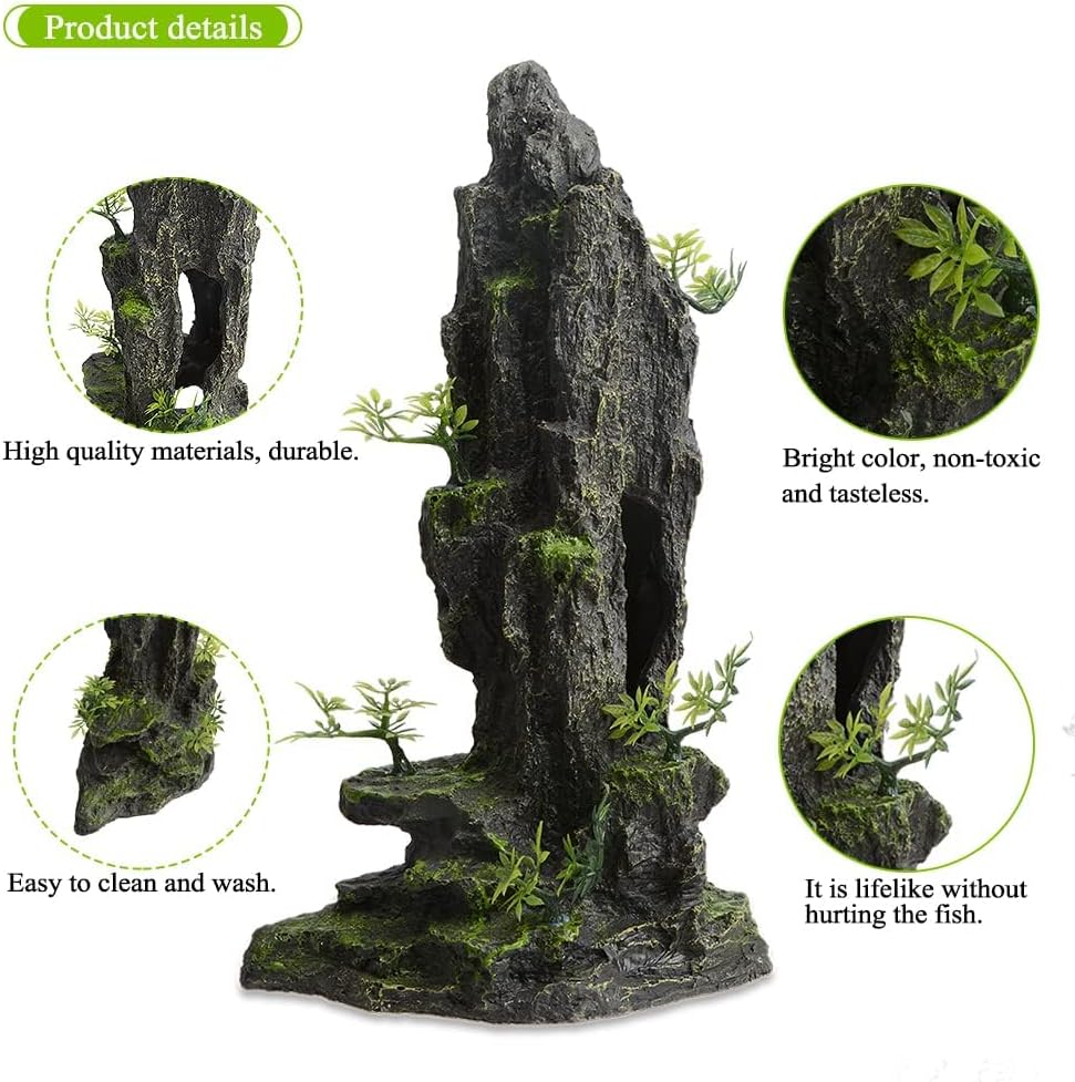 Aquarium Decorations Large and Tall Mountain View Stone Betta Hideout Fish Tank Accessories Decor Cute Tree Rock Cave Landscape for Turtles, Fish to Play, 14.4inch