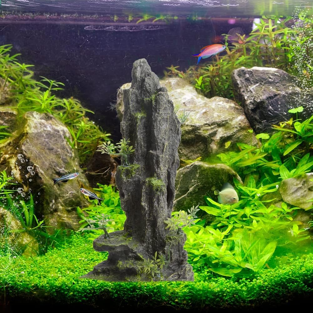 Aquarium Decorations Large and Tall Mountain View Stone Betta Hideout Fish Tank Accessories Decor Cute Tree Rock Cave Landscape for Turtles, Fish to Play, 14.4inch