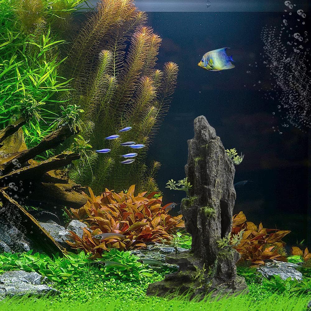 Aquarium Decorations Large and Tall Mountain View Stone Betta Hideout Fish Tank Accessories Decor Cute Tree Rock Cave Landscape for Turtles, Fish to Play, 14.4inch