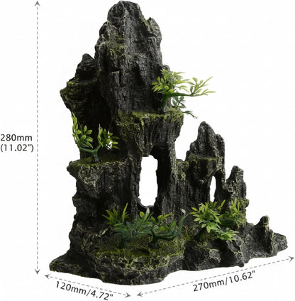 Aquarium Decorations Large and Tall Mountain View Stone Betta Hideout Fish Tank Accessories Decor Cute Tree Rock Cave Landscape for Turtles, Fish to Play, 14.4inch