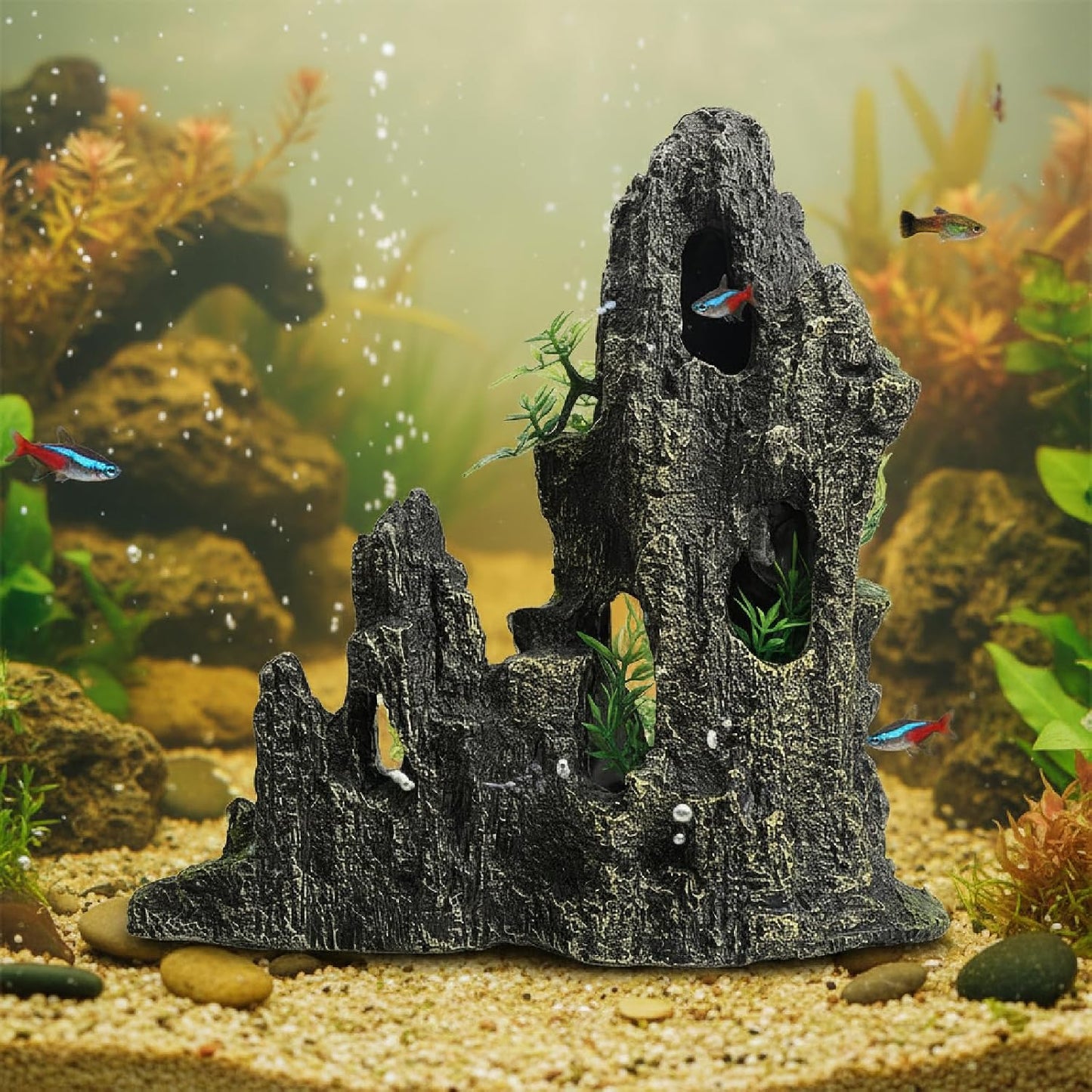 Aquarium Decorations Large and Tall Mountain View Stone Betta Hideout Fish Tank Accessories Decor Cute Tree Rock Cave Landscape for Turtles, Fish to Play, 14.4inch