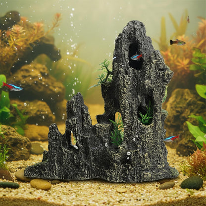 Aquarium Decorations Large and Tall Mountain View Stone Betta Hideout Fish Tank Accessories Decor Cute Tree Rock Cave Landscape for Turtles, Fish to Play, 14.4inch