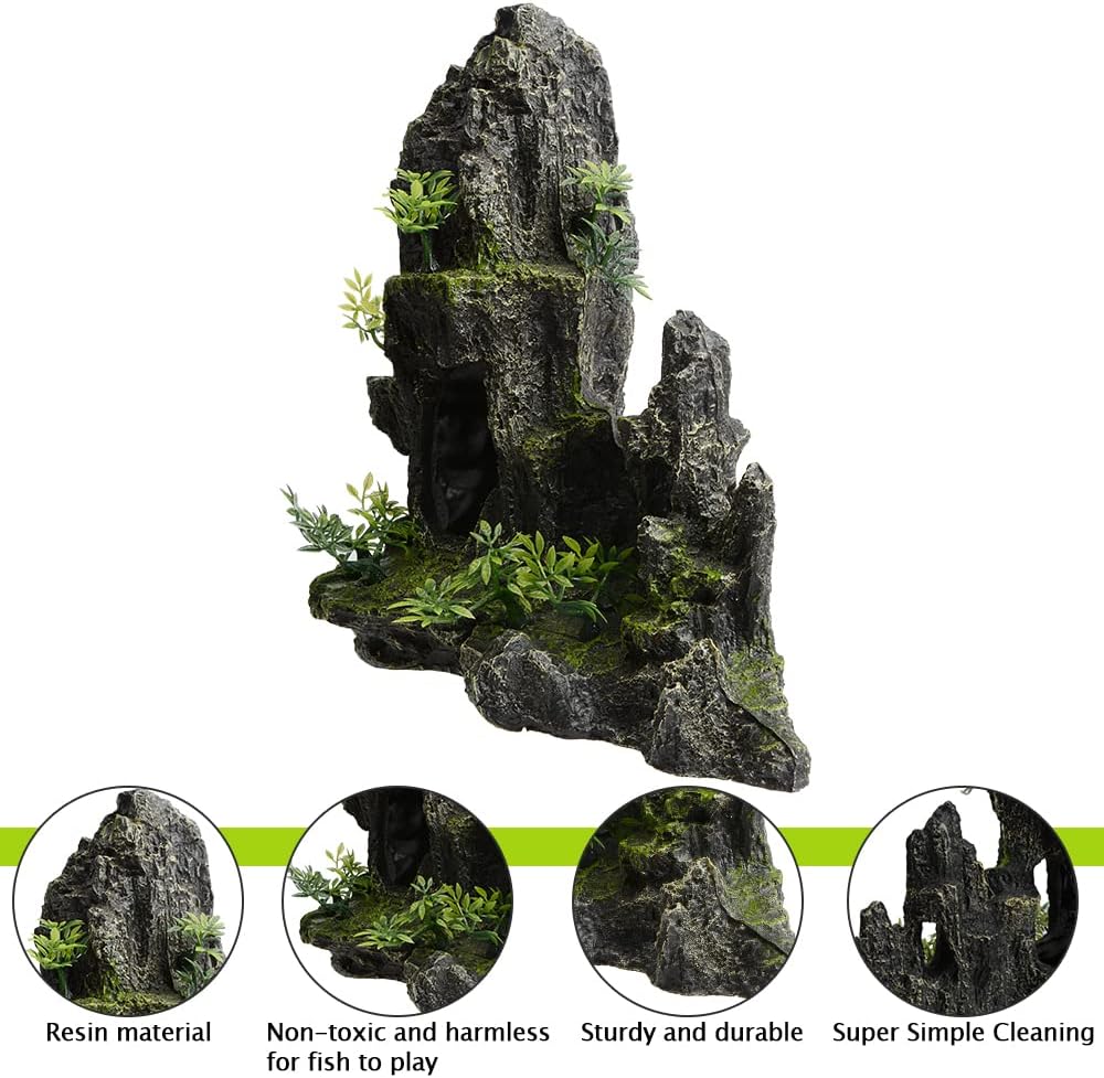 Aquarium Decorations Large and Tall Mountain View Stone Betta Hideout Fish Tank Accessories Decor Cute Tree Rock Cave Landscape for Turtles, Fish to Play, 14.4inch