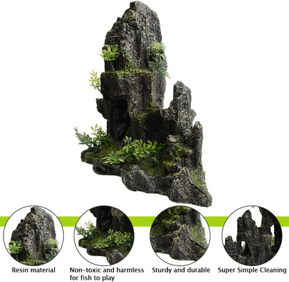 Aquarium Decorations Large and Tall Mountain View Stone Betta Hideout Fish Tank Accessories Decor Cute Tree Rock Cave Landscape for Turtles, Fish to Play, 14.4inch