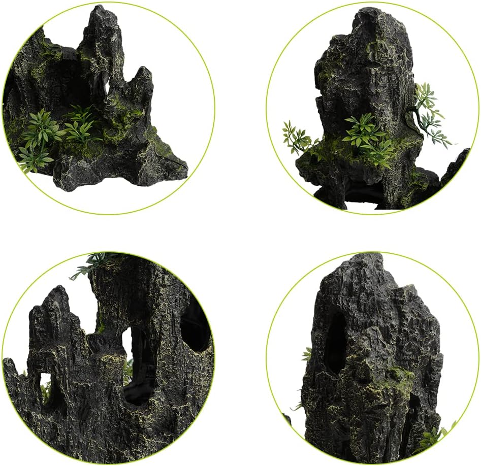 Aquarium Decorations Large and Tall Mountain View Stone Betta Hideout Fish Tank Accessories Decor Cute Tree Rock Cave Landscape for Turtles, Fish to Play, 14.4inch