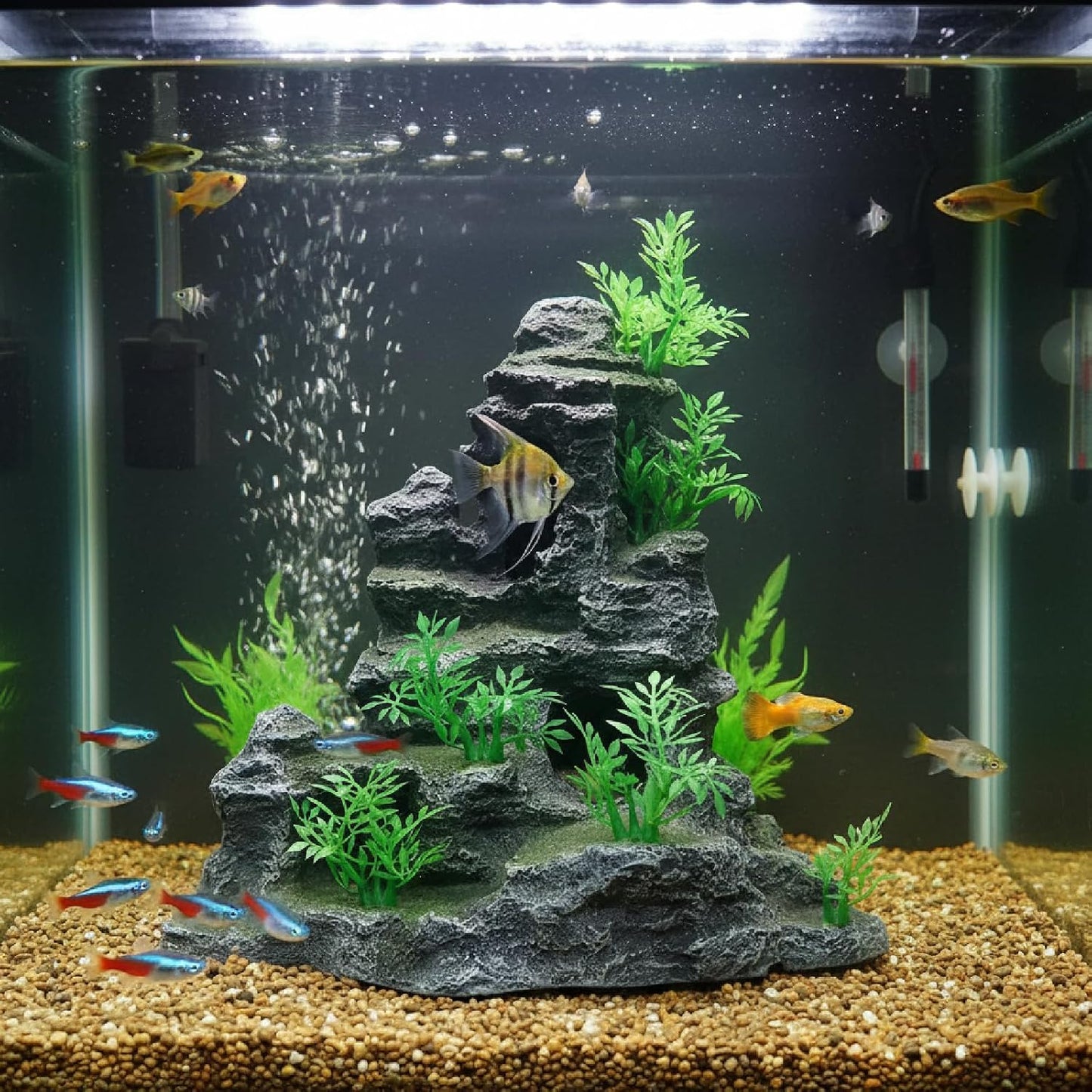 Aquarium Decorations Large and Tall Mountain View Stone Betta Hideout Fish Tank Accessories Decor Cute Tree Rock Cave Landscape for Turtles, Fish to Play, 14.4inch