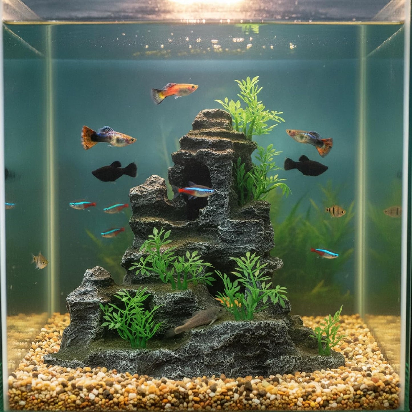 Aquarium Decorations Large and Tall Mountain View Stone Betta Hideout Fish Tank Accessories Decor Cute Tree Rock Cave Landscape for Turtles, Fish to Play, 14.4inch