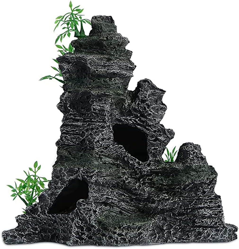 Aquarium Decorations Large and Tall Mountain View Stone Betta Hideout Fish Tank Accessories Decor Cute Tree Rock Cave Landscape for Turtles, Fish to Play, 14.4inch
