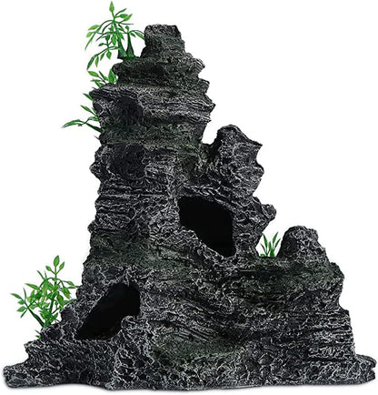 Aquarium Decorations Large and Tall Mountain View Stone Betta Hideout Fish Tank Accessories Decor Cute Tree Rock Cave Landscape for Turtles, Fish to Play, 14.4inch