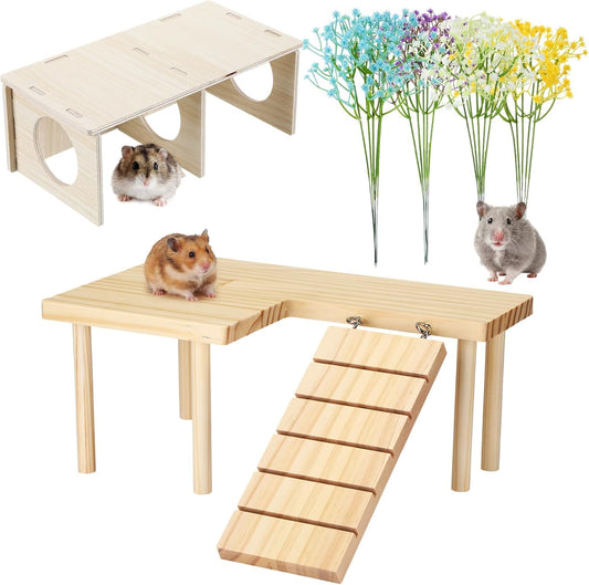 22 Pcs Hamster Platform Set, Hamsters Cage Accessories Include 1 Hamster Platform 1 Wooden Hideout Tubes Tunnels 20 Handcrafted Flowers for Dwarfs Syrian Guinea Pig Rats Gerbils Mice Habitat Decor