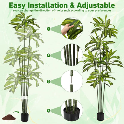 2 Pack 6 FT Artificial Dracaena Tree, Indoor Fake Tree with Black Stable Planter, Natural Wood Trunk & Lifelike Leaves Dracaena Plants for Home Living Room Porch Office Housewarming Gift