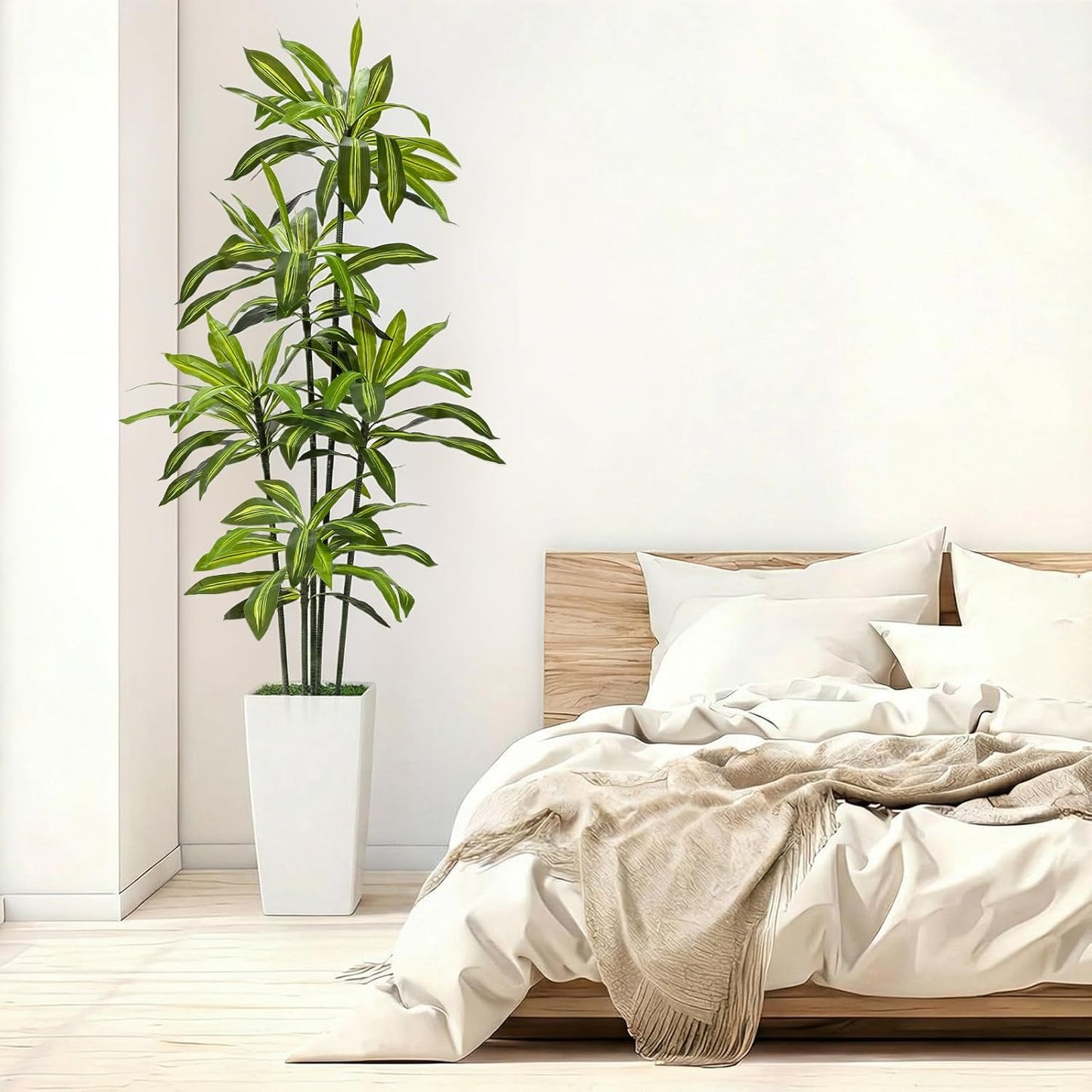 2 Pack 6 FT Artificial Dracaena Tree, Indoor Fake Tree with Black Stable Planter, Natural Wood Trunk & Lifelike Leaves Dracaena Plants for Home Living Room Porch Office Housewarming Gift