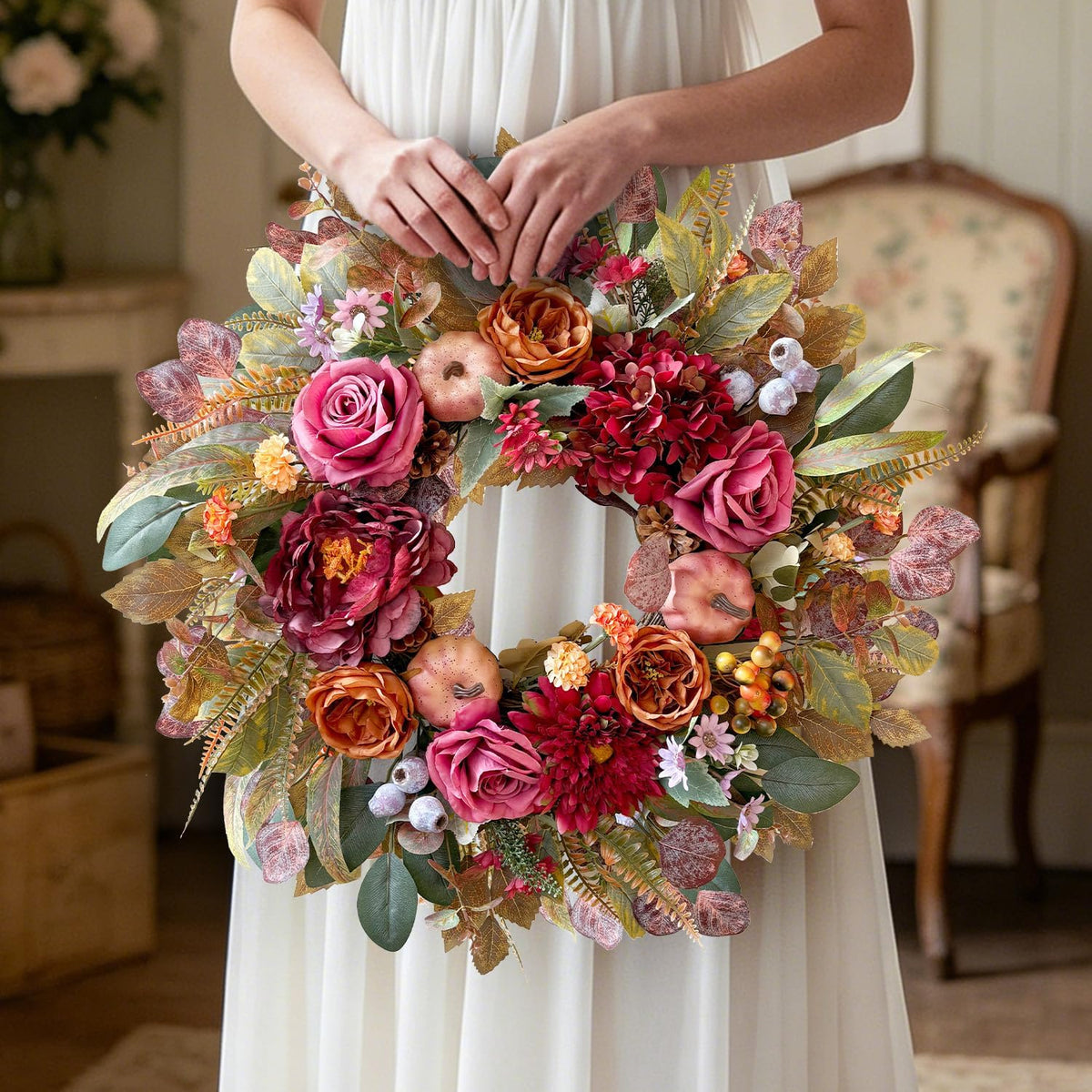 24 Inch Fall Floral Front Door Wreath Farmhouse Harvest Decor