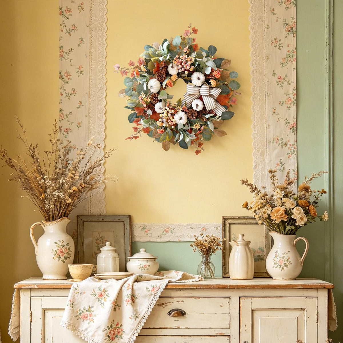 24 Inch Fall Floral Front Door Wreath Farmhouse Harvest Decor