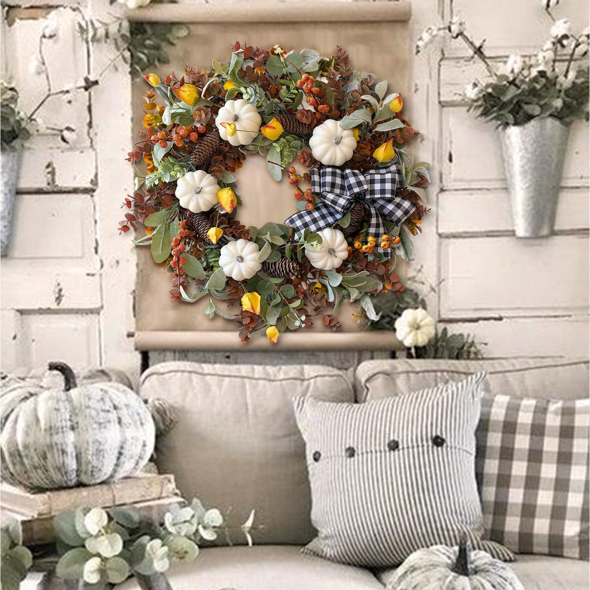 24 Inch Fall Floral Front Door Wreath Farmhouse Harvest Decor